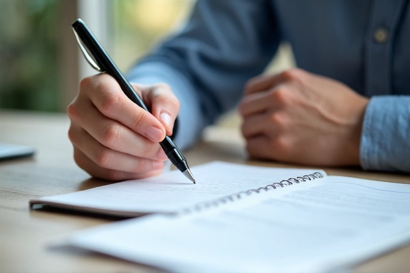 Una persona che scrive su un blocco note, simbolo di comunicazione e supporto al cliente.