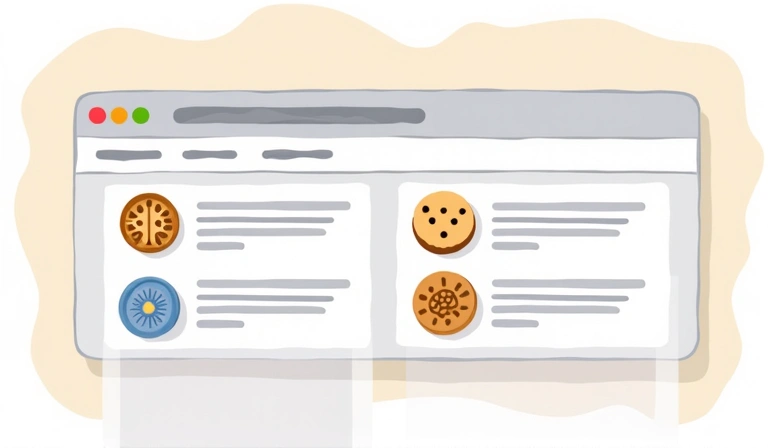 Vista concettuale di un sito web con varie icone di cookie che indicano funzionalità, analisi e preferenze