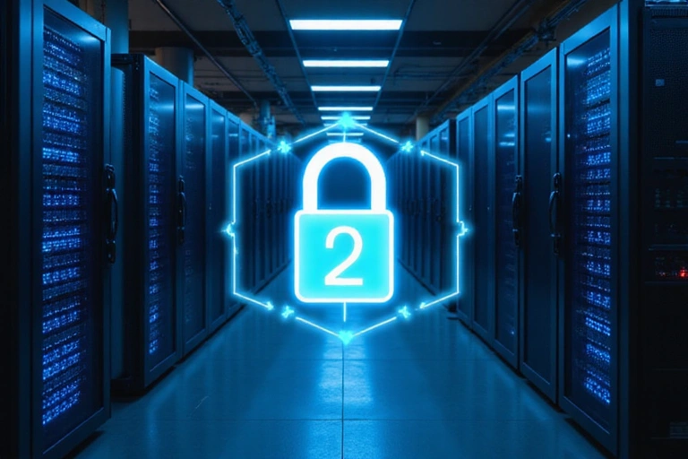 Digital padlock icon on a secure server rack, representing data security.