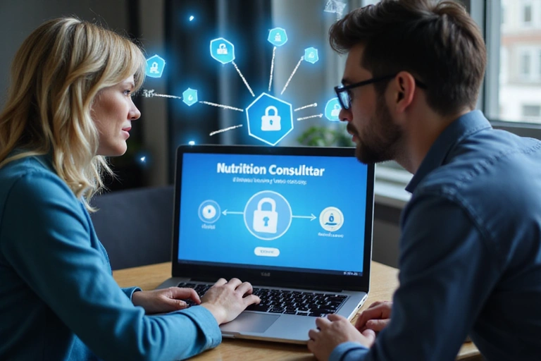 Two people discussing data privacy on a laptop, with security icons floating around them.